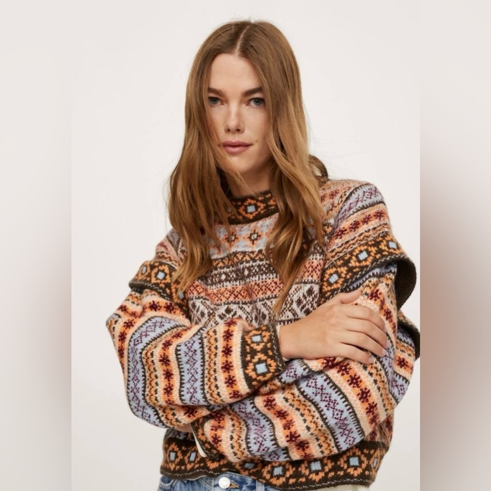 Touche Prive Colorful Fair Isle Drop Shoulder Ruffle Wool Blend Sweater Small